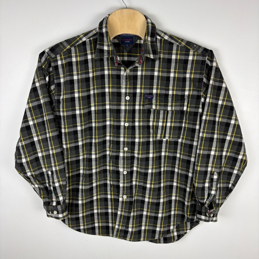 Y2K Tommy Jeans Mens‎ Plaid Flannel Long Sleeve Button Up Shirt XL